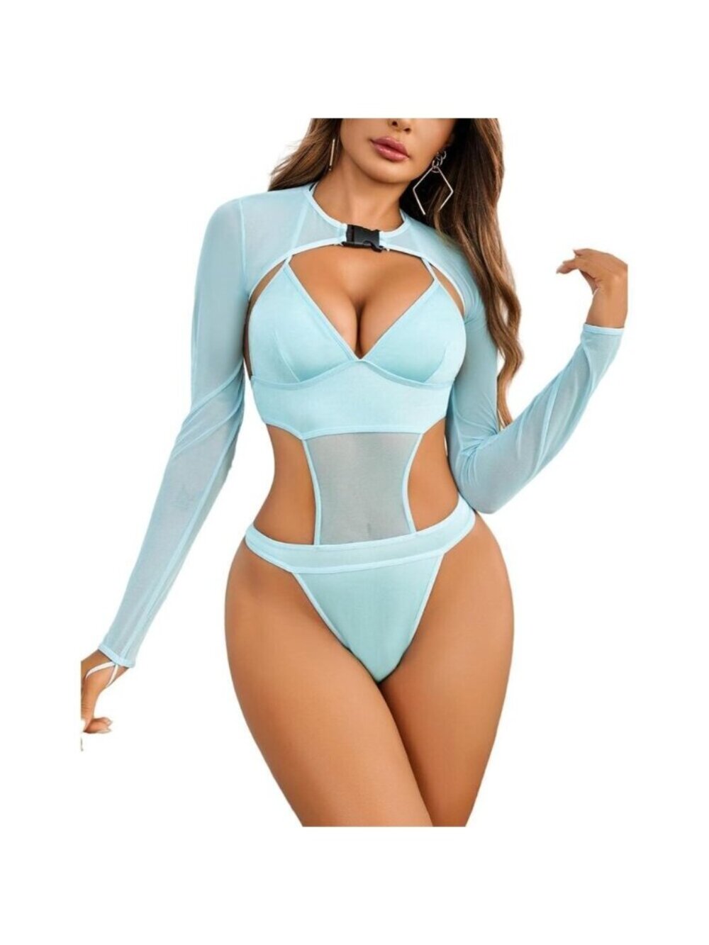 Women Sky Blue Festival Lingerie Bodysuit Buckle Shrug Crop Top Set Outfits